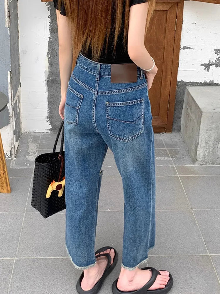 Cralom Vintage Washed Blue High Waist Loose Straight Jeans