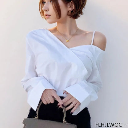 Cralom Button Blue One Shoulder Top: Office Chic Flare Sleeve Blouse