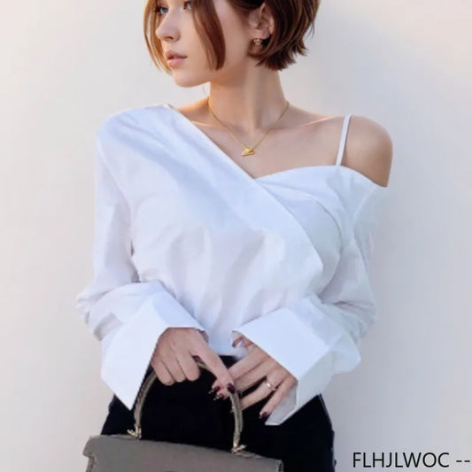 Cralom Button Blue One Shoulder Top: Office Chic Flare Sleeve Blouse