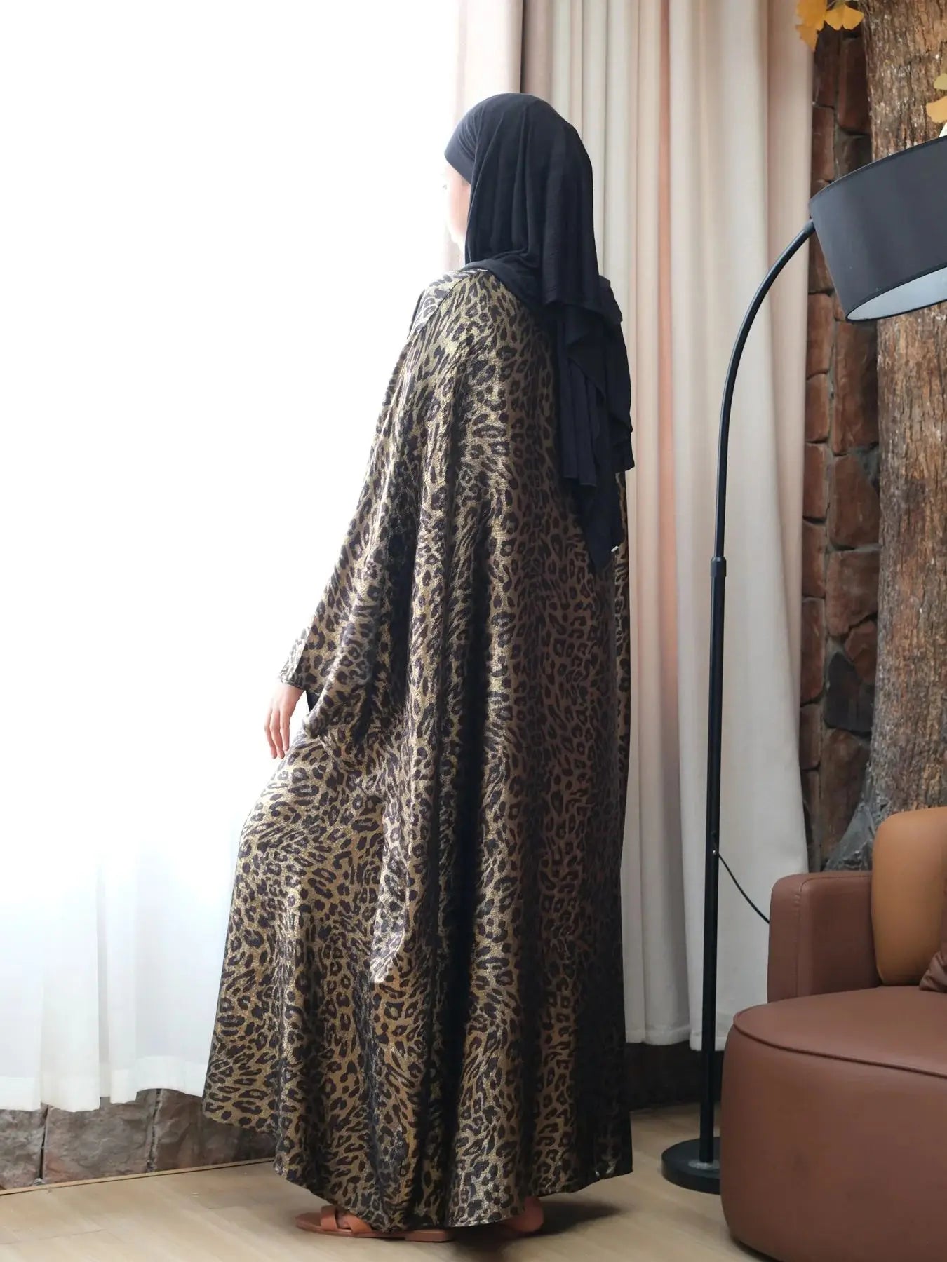Leopard Print Satin Butterfly Abaya Maxi Dress by Cralom