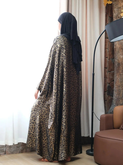 Leopard Print Satin Butterfly Abaya Maxi Dress by Cralom