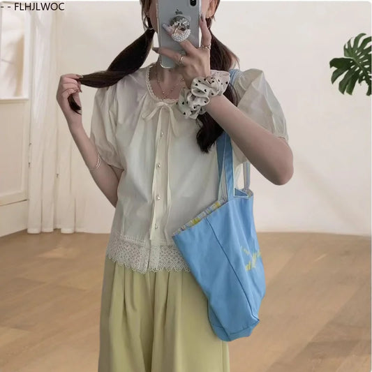 Cralom Lace Peplum Top - Short Sleeve Ruffles Hollow Out White Shirt