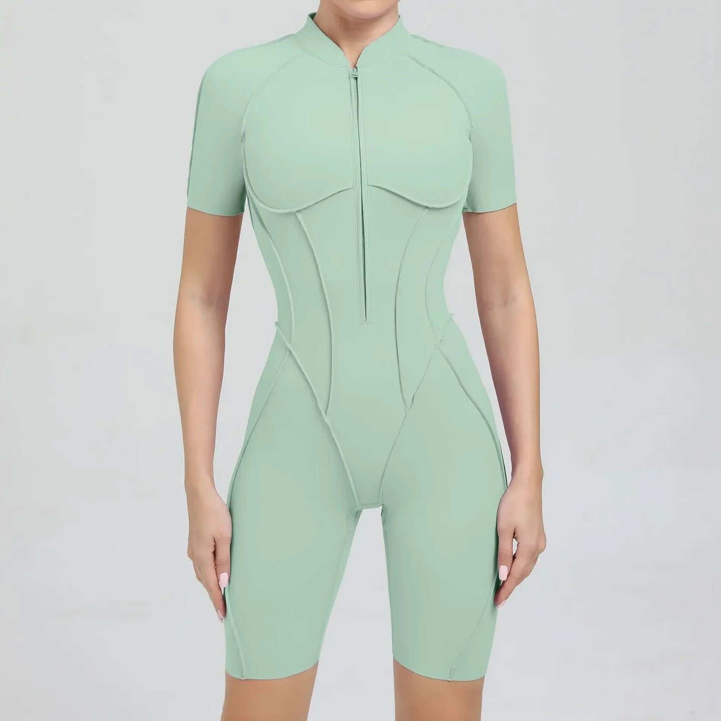 Cralom Zip Front Short Sleeve Jumpsuit - Summer Workout Activewear