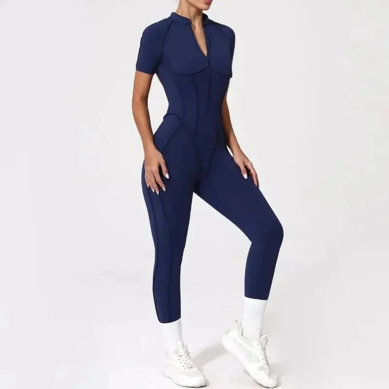 Cralom Seamless Front-Zip Short Sleeve Sports Jumpsuit