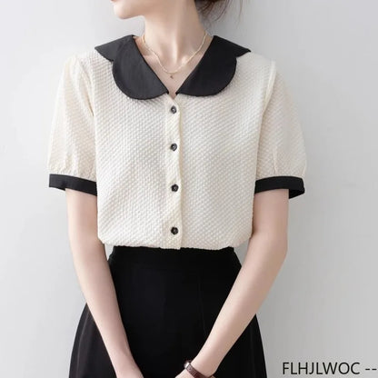 Cralom Retro Chic Peter Pan Collar Button Shirt Blouse for Women Summer 2025