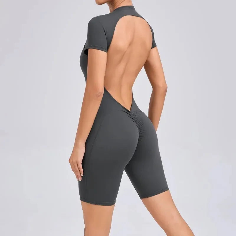 Cralom Backless Zipper Yoga Bodysuit: Short Sleeve Gym Activewear for Running & Workout