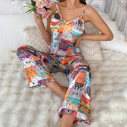 Cralom Women's Satin Floral Pajama Set - Spaghetti Strap Top, Long Pants Sleepwear