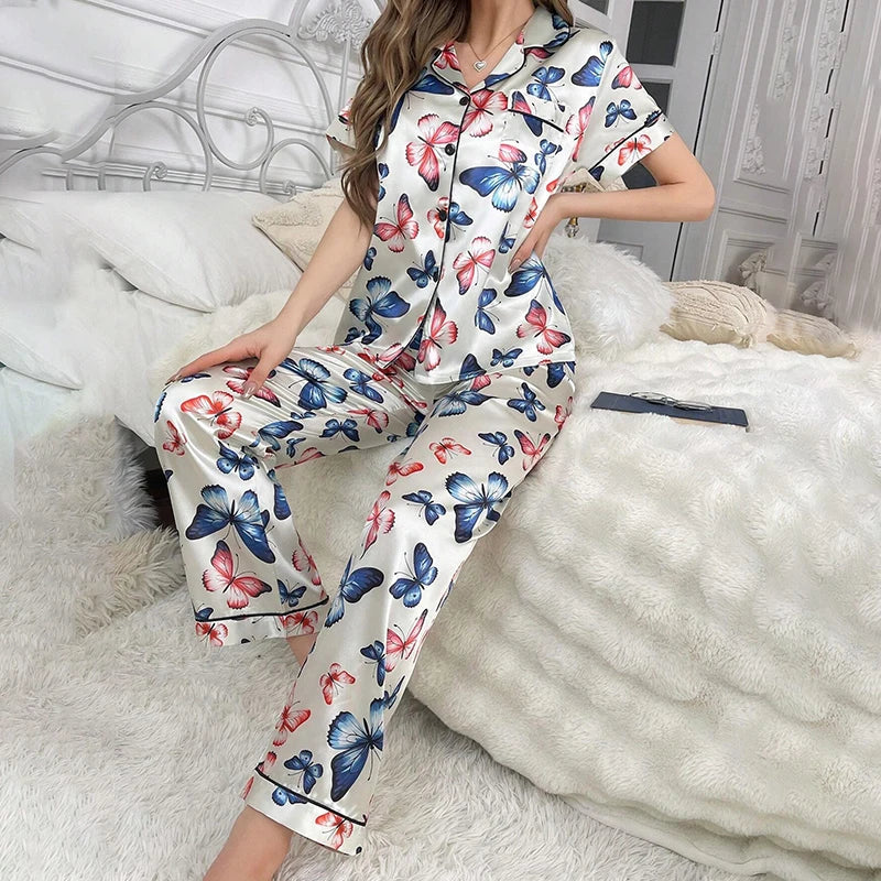 Cralom Satin Pajama Set: Short Sleeve Top & Long Pants Sleepwear