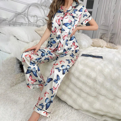 Cralom Satin Pajama Set: Short Sleeve Top & Long Pants Sleepwear