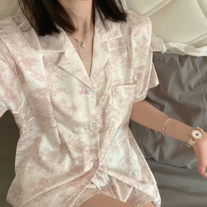 Cralom Women's Ice Silk Cardigan Pajama Set