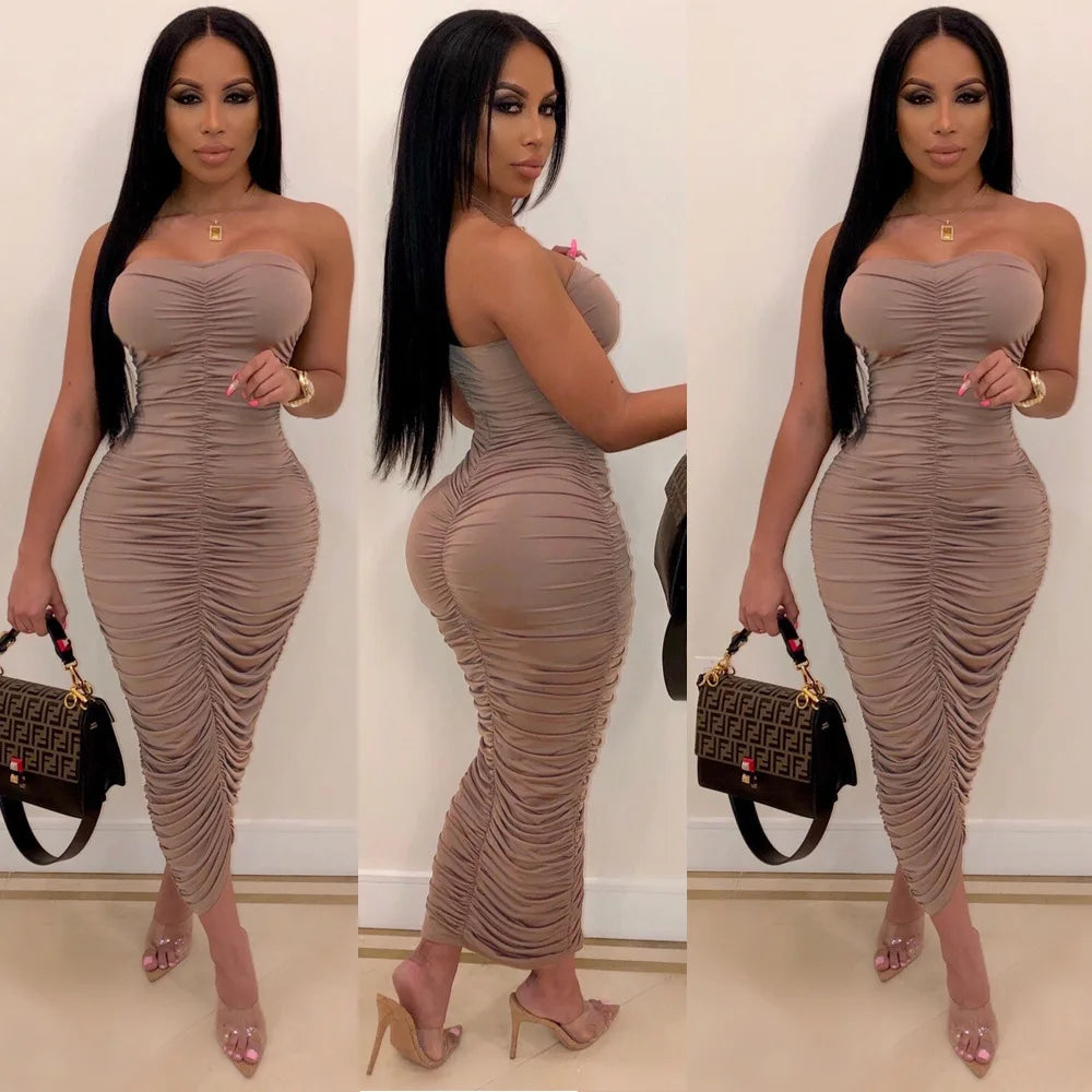 Cralom Sleeveless Bra Solid Color Pleated Dress, Slim Fit Style for Summer
