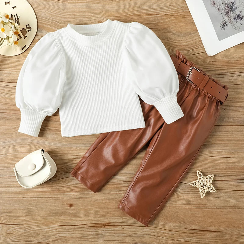 Cralom 3pcs Girl’s Puff Sleeve Ribbed Top + PU Leather Pants + Belt Set