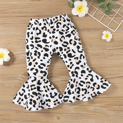 Cralom Baby Girl Black Top + Leopard Print Bell-Bottoms Set for 2-8 Years