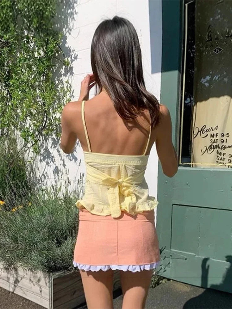 Cralom Yellow Ruffles Backless Tank Top - Summer Sweet Street Style