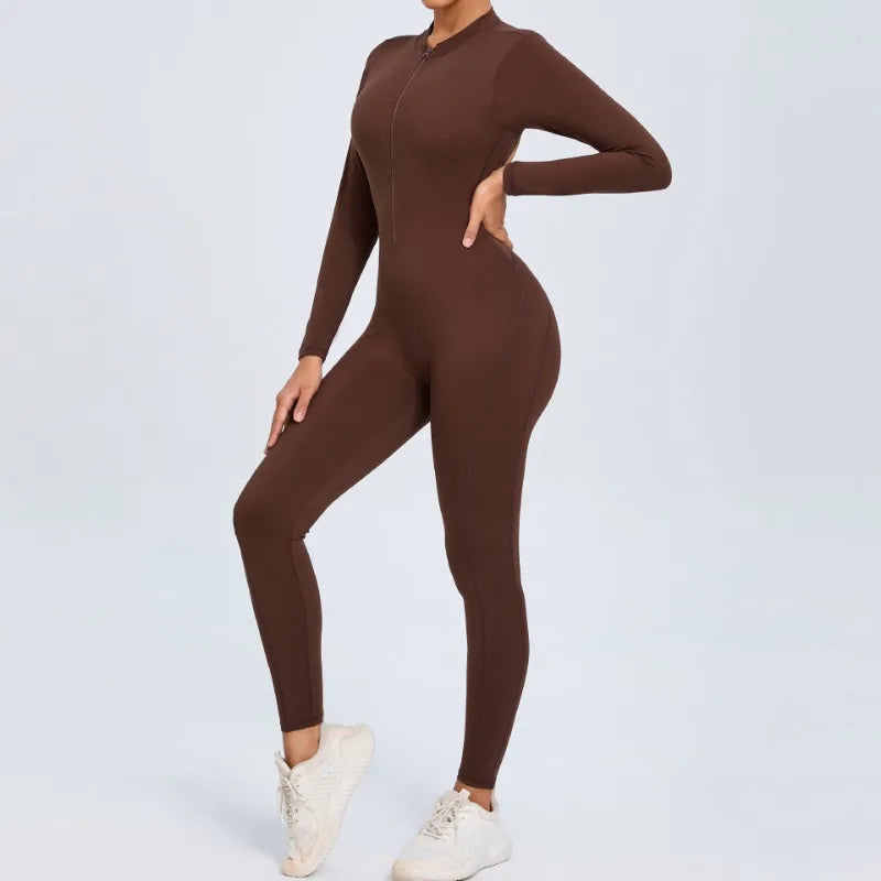 Cralom Seamless Long Sleeve Yoga Bodysuit with Back Cutout & Zipper
