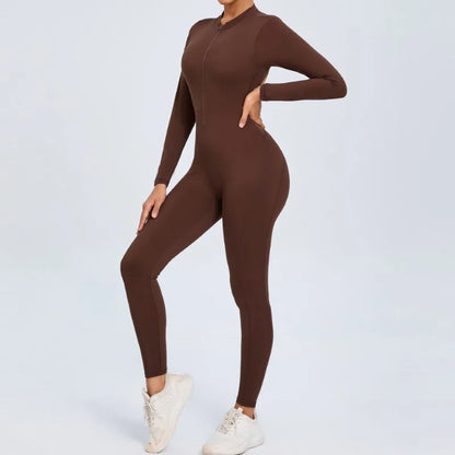 Cralom Seamless Long Sleeve Yoga Bodysuit with Back Cutout & Zipper