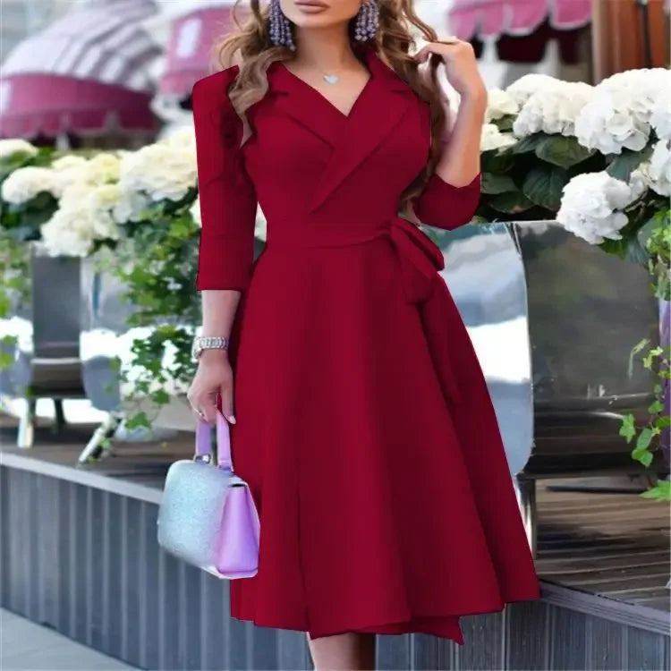 Cralom V-Neck Printed Long Sleeve Dress with Waist Cinching