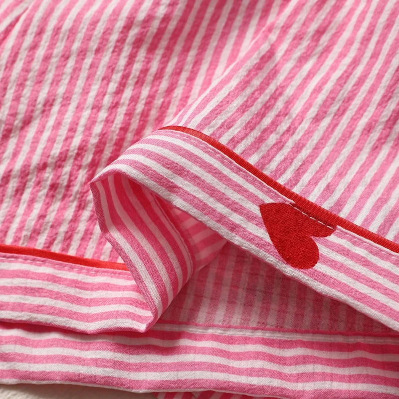 Cralom Pink Heart Print Pajama Set: Short Sleeve Top, Elastic Shorts Homewear
