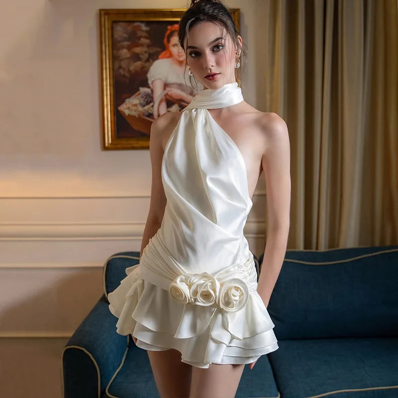 Cralom Satin Backless 3D Flowers Halter A-line Dress, Elegant Party Clubwear
