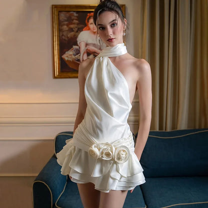 Cralom Satin Backless 3D Flowers Halter A-line Dress, Elegant Party Clubwear