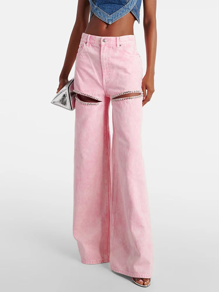 Cralom Diamonds Denim Trousers: High Waist Straight Pants Vintage Y2K Style