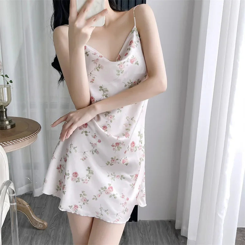 Cralom Sensual Floral Silk Nightgown Set - Chic Summer Loungewear