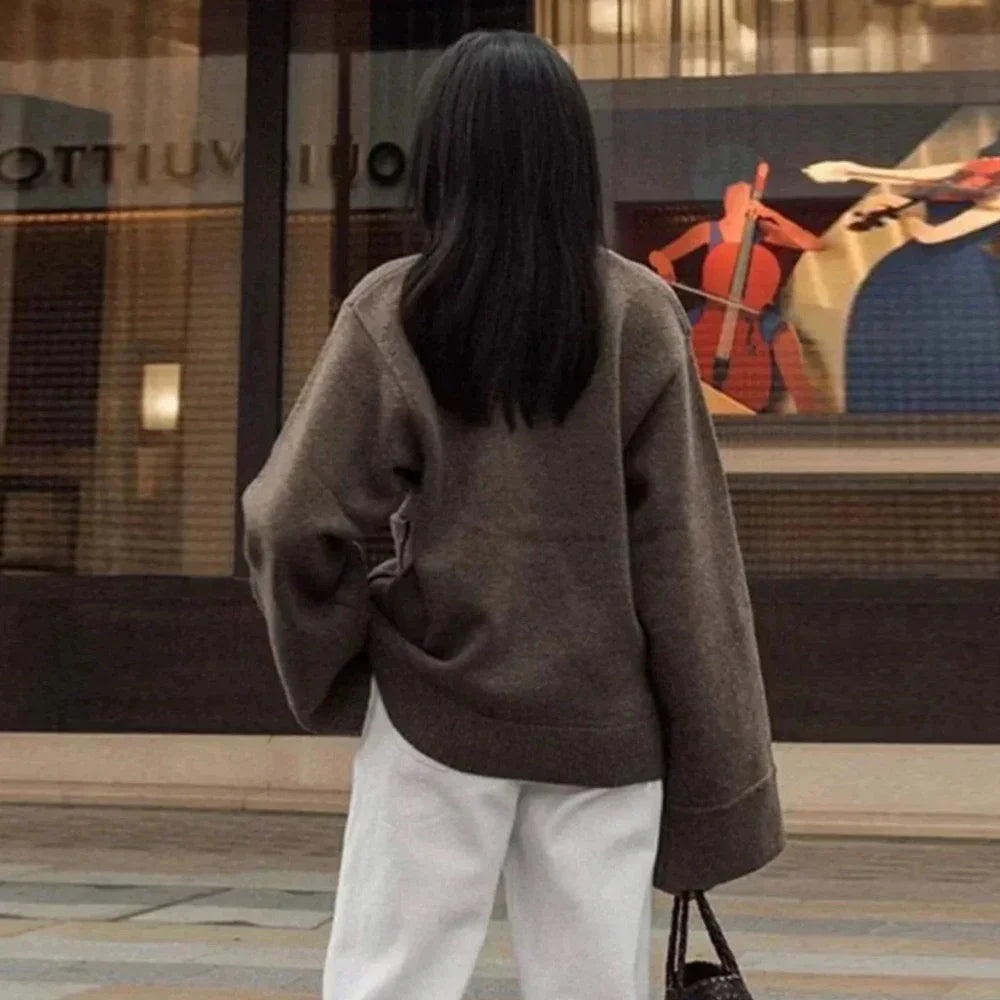 Cralom V Neck Button Loose Jackets | Solid Spliced Long Sleeve Coats