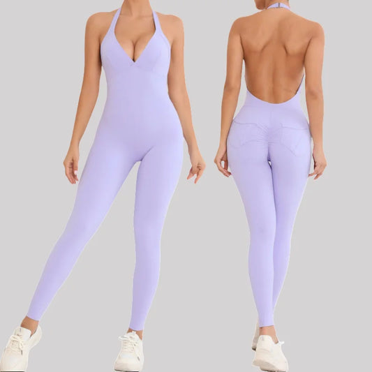 Cralom Seamless Yoga Jumpsuit Beauty Back Pocket Tight Bodysuit