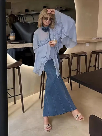 Cralom Chiffon Ruffle Shirt: Flare Sleeve Solid Blouse 2025 Spring Summer Streetwear