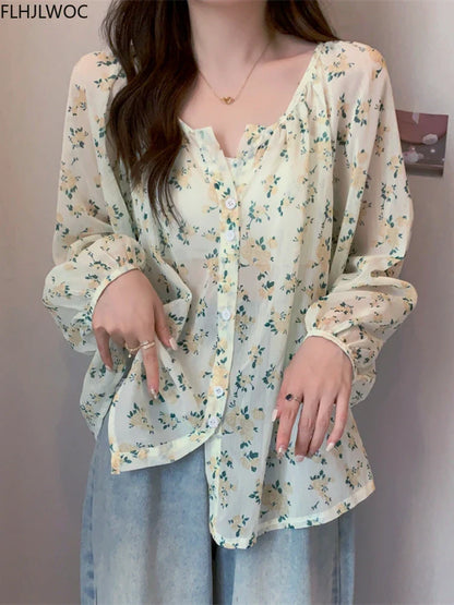 Cralom Vintage Floral Print Sheer Tops & Blouses