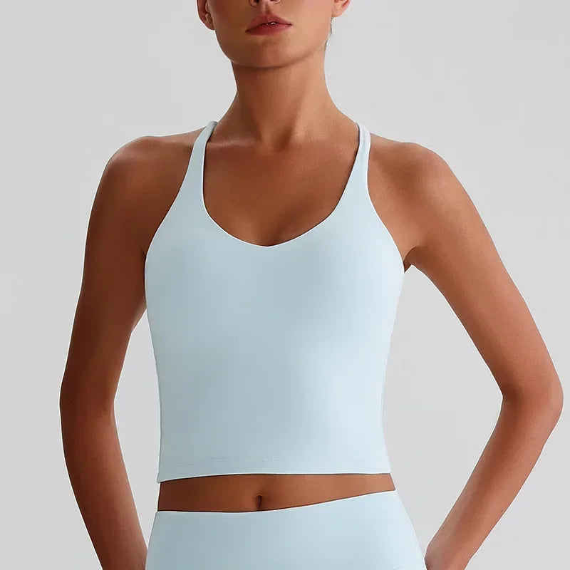 Cralom Nude Yoga Top with Detachable Chest Pads and Crossover Back