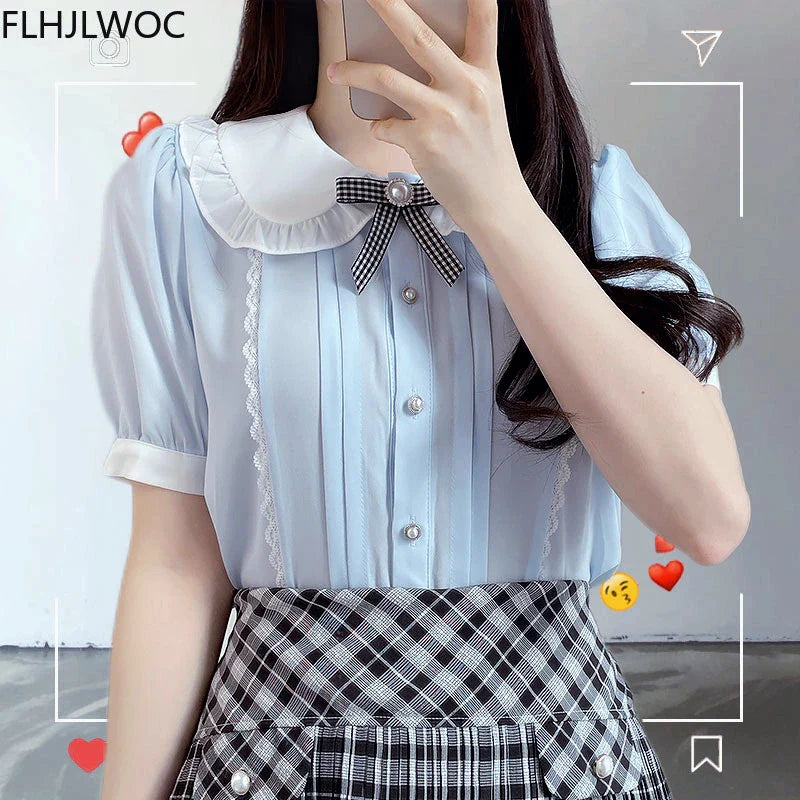 Cralom Sweet Girls Ribbon Bow Tie Blouse Light Blue Ruffles Lace Button Shirt