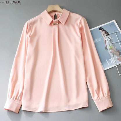 Cralom French Elegance Pink Blouse Long Sleeve Beaded Tops Office Lady New Design 2025