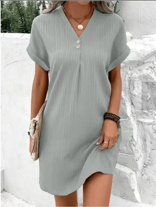 Cralom V-neck Button Top Short Sleeve Dress Solid Color Comfort 2024 Summer