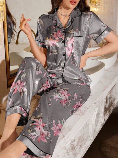 Cralom Floral Satin Pajama Set - Short Sleeve Button-Up Tops and Pants