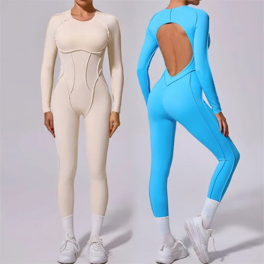 Cralom Seamless Backless Yoga Bodysuit - Slim Fit Long Sleeve One-Piece