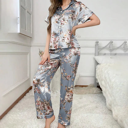 Cralom Satin Pajama Set: Short Sleeve Top & Long Pants Sleepwear