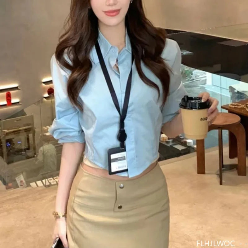 Cralom Button Blue Crop Top Blouse - 2025 Office Chic Y2K Design