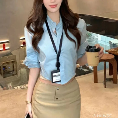 Cralom Button Blue Crop Top Blouse - 2025 Office Chic Y2K Design