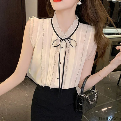 Cralom White Lace Ruffles Button Down Blouse-Limited Edition