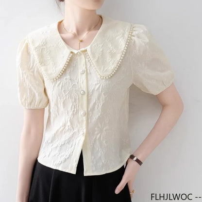 Cralom Button Shirts: 2025 Summer Women's Beaded Peter Pan Collar Top