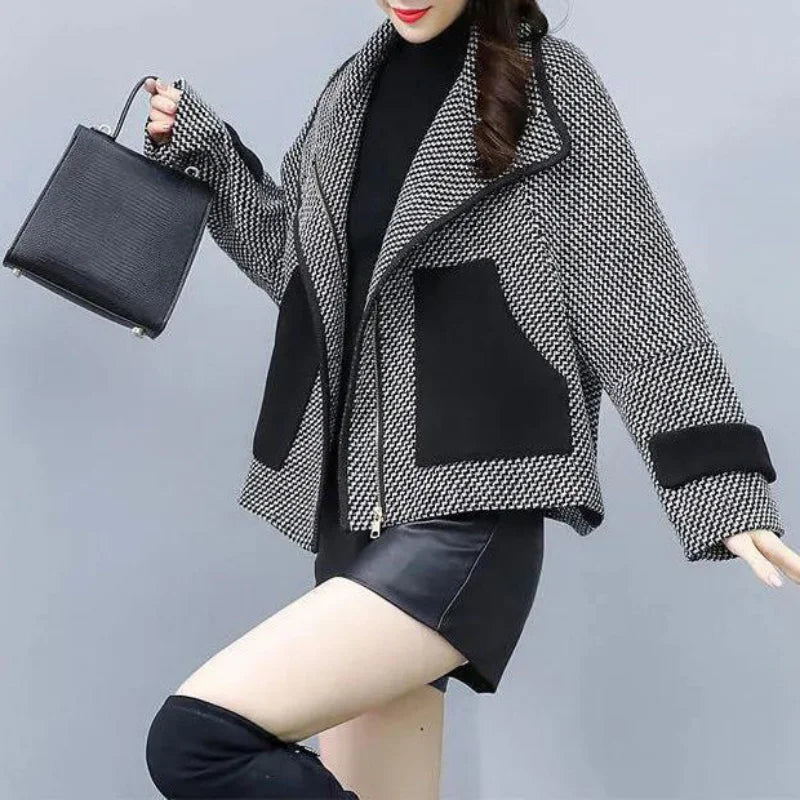 Cralom Vintage Plaid Tweed Crop Jacket for Women's Winter Outerwear