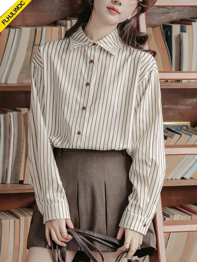 Cralom Cotton Stripe Shirt 2024: Autumn Chic Office Lady Retro Button Boyfriend Shirt