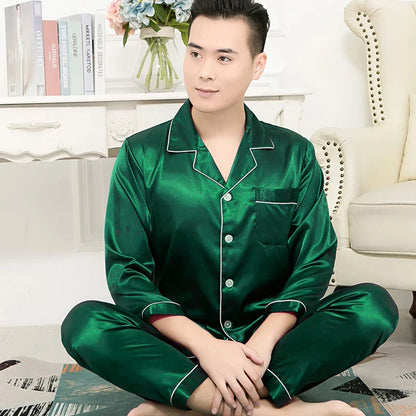 Cralom Men's Satin Pajama Set with Lapel Collar, Long Sleeve Tops & Pants