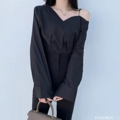 Cralom Button Blue One Shoulder Top: Office Chic Flare Sleeve Blouse
