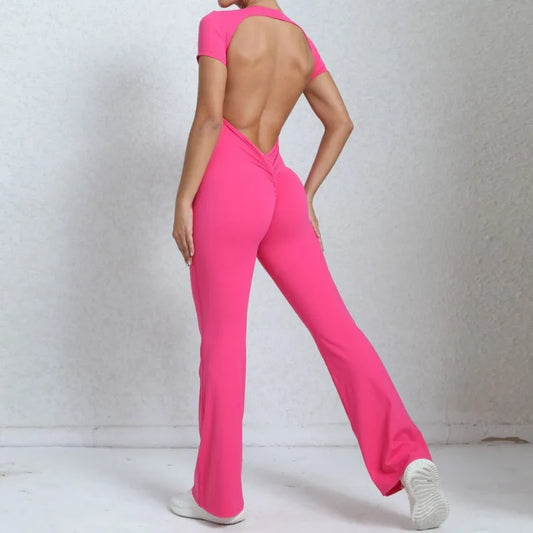 Cralom Deep Backless Yoga Jumpsuit - Flared Leg Naked Feeling Gym Wear