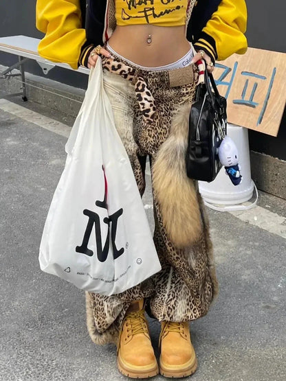 Cralom Vintage Leopard Wide Leg Jeans - Y2K Fashion Streetwear