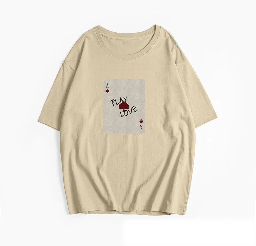 Cralom Poker Card Print T-Shirt Women's O-Neck Summer Top