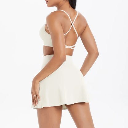 Cralom Seamless Brushed Backless Bra & Skirt Set for Yoga, Running & Fitness