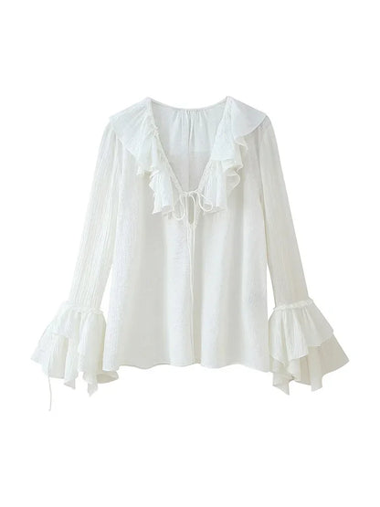 Cralom Women's White Ruffled V-Neck Chiffon Blouse Loose Fit Lace-up Casual Shirt